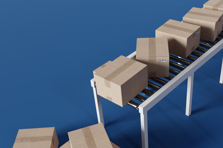 Delivery boxes move on a conveyor belt for logistics distribution, 3d renderingの写真素材