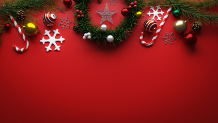 Copy Space background with various Christmas decorations on top, 3d renderingの写真素材