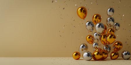 Birthday party balloons with confetti in the copy space background, 3d renderingの写真素材