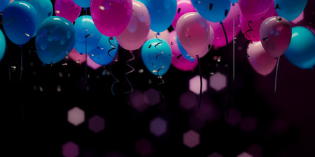 Birthday party balloons with confetti in the copy space background, 3d renderingの写真素材