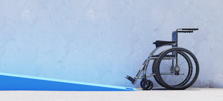 a wheelchair in front of a ramp for the passage of persons with disabilities, 3d renderingの写真素材