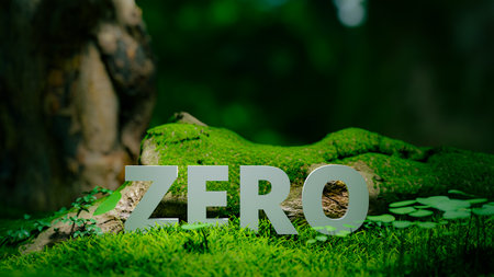 The word "ZERO" in the forest means sustainability and zero carbon,3d renderingの写真素材