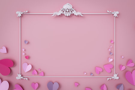 Romantic copyspace background with classic shaped frame with heart shapes, 3d renderingの写真素材