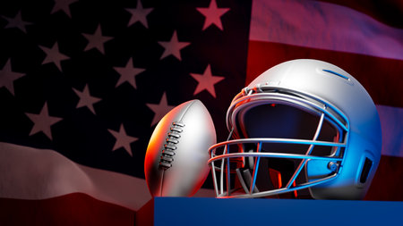 White American football helmet with the American flag behind it, 3d renderingの写真素材