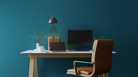 Office Work Desk Background with Simple Walls, 3d renderingの写真素材