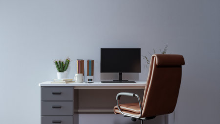 Office Work Desk Background with Simple Walls, 3d renderingの写真素材