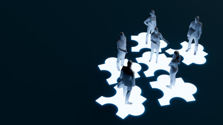 Teamwork Concept Background where people collaborate on puzzle pieces, 3d renderingの写真素材