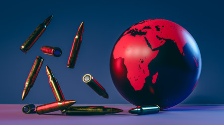Concept image with bullets and earth about global war,3d rendering