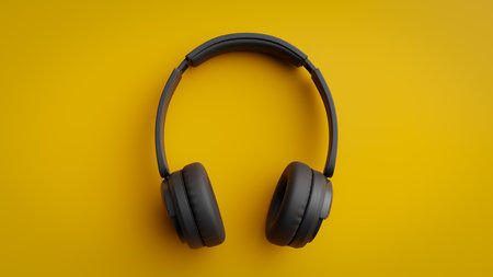 Black wireless headphones on yellow background,3d renderingの写真素材