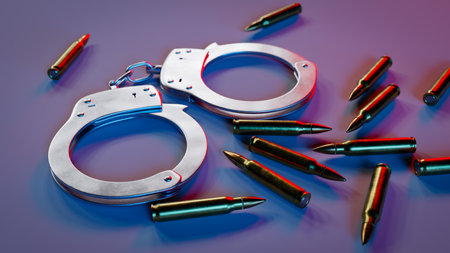 Crime concept with firearms with bullets on the floor and handcuffs,3d renderingの写真素材