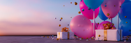 Romantic balloons and gift boxes against the backdrop of the sunset.3d rendering