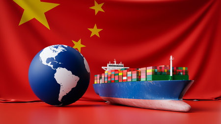 Import and Export Cargo Ships and China's Economic Background. 3d renderingの写真素材