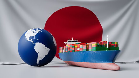 Import and Export Cargo Ships and Japan's Economic Background. 3d renderingの写真素材