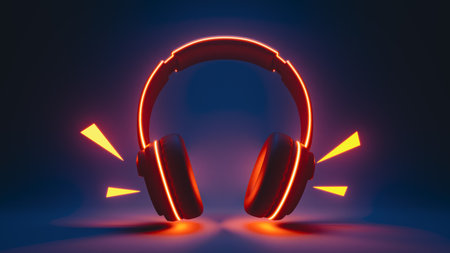 Headphones that play music that glows with intense neon light.3d renderingの写真素材
