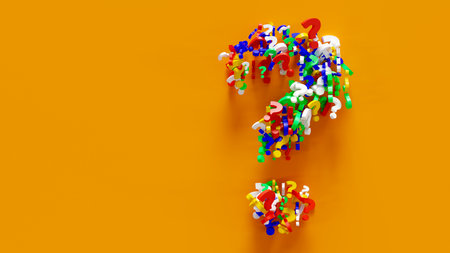 Yellow copy space background with question mark symbols in various shapes. 3d renderingの写真素材