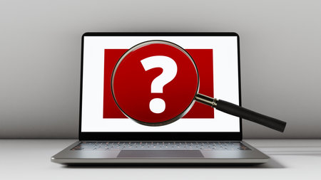 Examining computer failure by examining question mark on computer screen with magnifying glass. 3d...