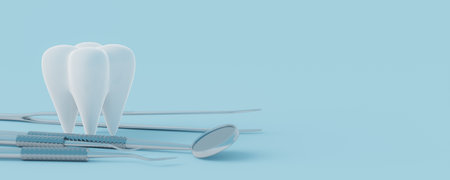 Copy space background with teeth and dental equipments. 3d renderingの写真素材