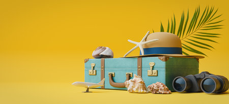summer holiday travel concepts backgrounds with vintage suitcase. 3d renderingの写真素材