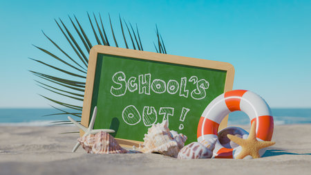 Mini blackboard and beach announcing school summer vacation. 3d renderingの写真素材