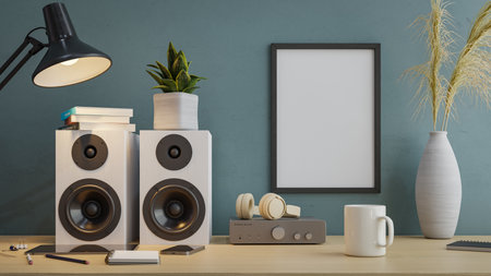 picture frame mockup with audio bookshelf speaker. 3d renderingの写真素材
