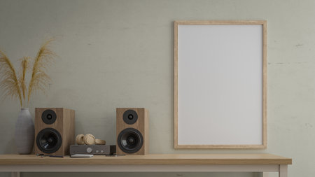 picture frame mockup with audio bookshelf speaker. 3d renderingの写真素材
