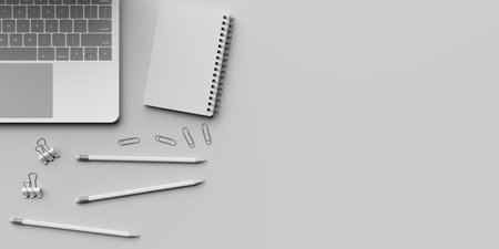 workplace desk flat lay background. 3d renderingの写真素材