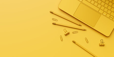 workplace desk flat lay background. 3d renderingの写真素材