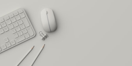 Office desk overhead copy space minimal background. 3d renderingの写真素材