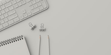 Office desk overhead copy space minimal background. 3d renderingの写真素材