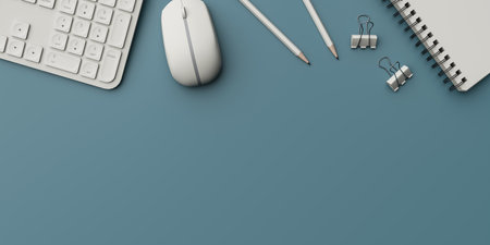 Office desk overhead copy space minimal background. 3d renderingの写真素材