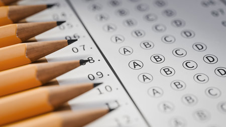 Marking the answer sheet with a pencil while taking an exam at school. 3d rendering