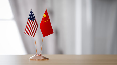 The flags of the United States and China are on the table in the conference hall.. 3d renderingの写真素材