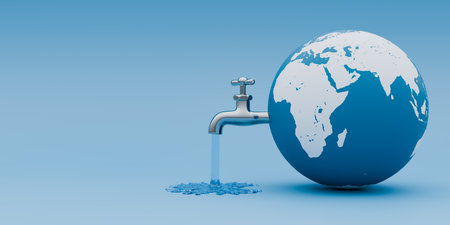 World Water Day concept background with water coming out of a tap on the earth. 3d renderingの写真素材