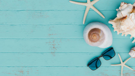 Summer beach concnepts Flat Lay copyspace backgrounds. 3d renderingの写真素材