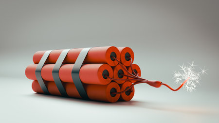 The fuse of the red dynamite is lit and burning. 3d renderingの写真素材