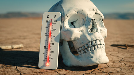 On drought-cracked ground, a thermometer next to a skull shows extreme heat. 3d rendering