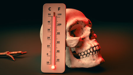Next to the skull of a heatstroke victim, a thermometer shows an extremely hot temperature. 3d renderingの写真素材