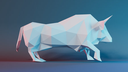 3D Low Poly Bull, Financial Stock Market Growth and Bullish Concept. 3d renderingの写真素材