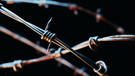 Close-up of sharp barbed wire on a dark background, concept of danger and restriction. 3d renderingの写真素材