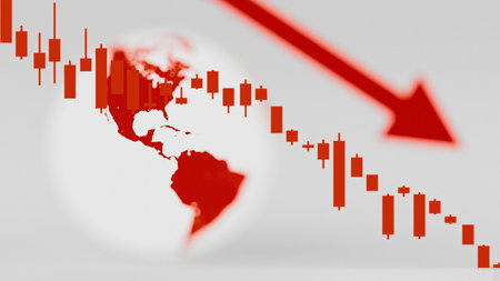 Global Economic Crisis and Stock Market Crash Concept. Falling Red Candlestick Chart and Down Arrow with Earth Globe. 3d renderingの写真素材