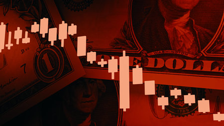 Stock Market Crash and US Financial Crisis Concept. Bearish Candlestick Chart on Dollar Bill Background. 3d renderingの写真素材