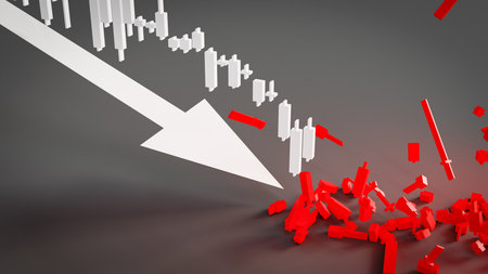 Stock Market Crash and Financial Bubble Burst Concept. Down Arrow and Breaking Candlestick Chart. 3d renderingの写真素材