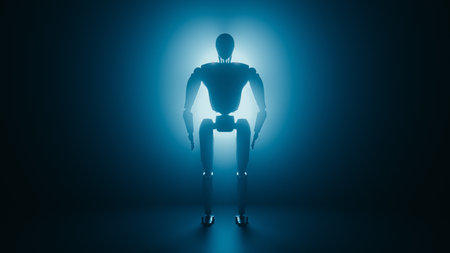 Full Body View of Android in Dark Room | Artificial Intelligence Concept. 3d renderingの写真素材