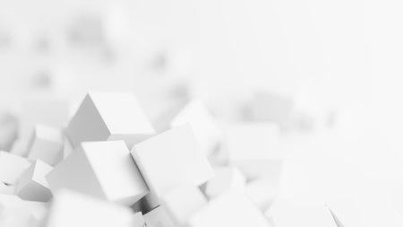 Abstract White 3D Cubes Background - Blurred Minimalist Render with Shallow Depth of Field and Copy Space. 3d renderingの写真素材