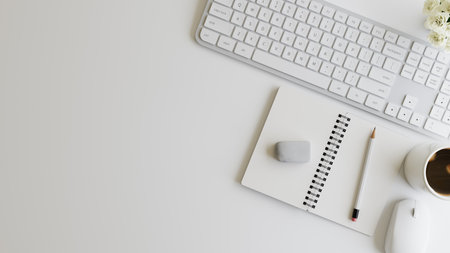 Minimalist White Office Desk Workspace with Computer Keyboard, Notebook, Coffee and Copy Space Top View. 3d renderingの写真素材
