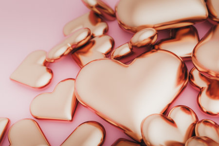 Valentine Rose Gold Metallic Hearts Luxury Background. 3d renderingの写真素材