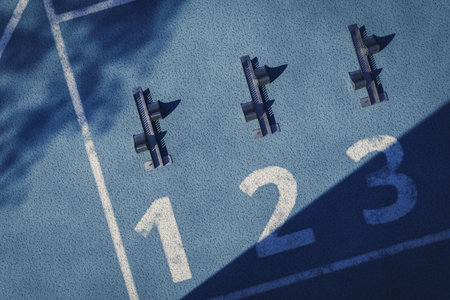 Blue running track start blocks numbers 1 2 3 new year goal copy space. 3d renderingの写真素材