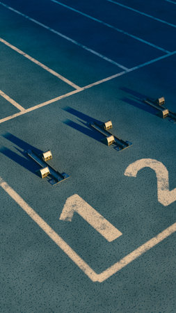 Vertical blue running track starting blocks long shadows new year goal.3d renderingの写真素材