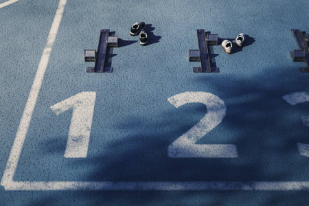 Blue running track start blocks shoes numbers 1 2 new year goal. 3d rendering