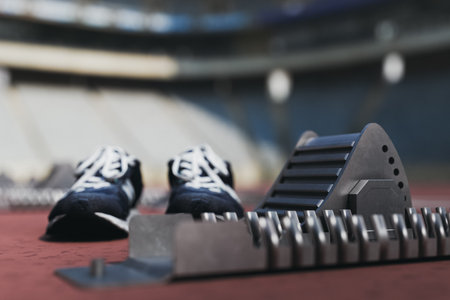 Starting block running shoes track stadium new year goal ready. 3d renderingの写真素材